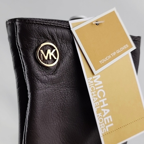 NWT Michael Kors Women Dark Brown Leather Gloves Touch Screen Fleece Lined Sz S - Picture 4 of 10